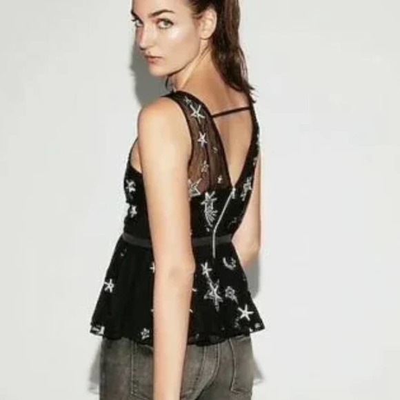 NEW Express Star Embroidered Plunge Tank Blouse‎ 8 Black Silver Mesh NWT - Picture 2 of 13